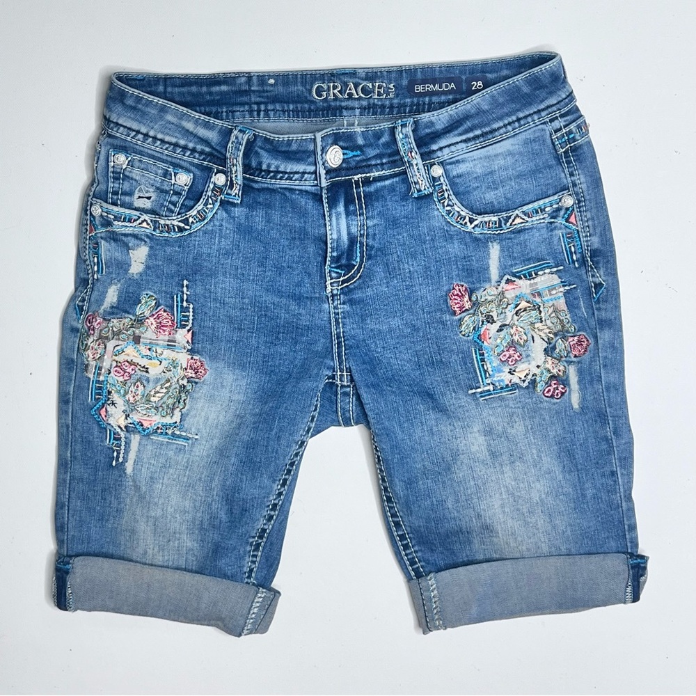 Grace in LA Blue Denim Bermuda Jean Shorts with Floral Embroidery